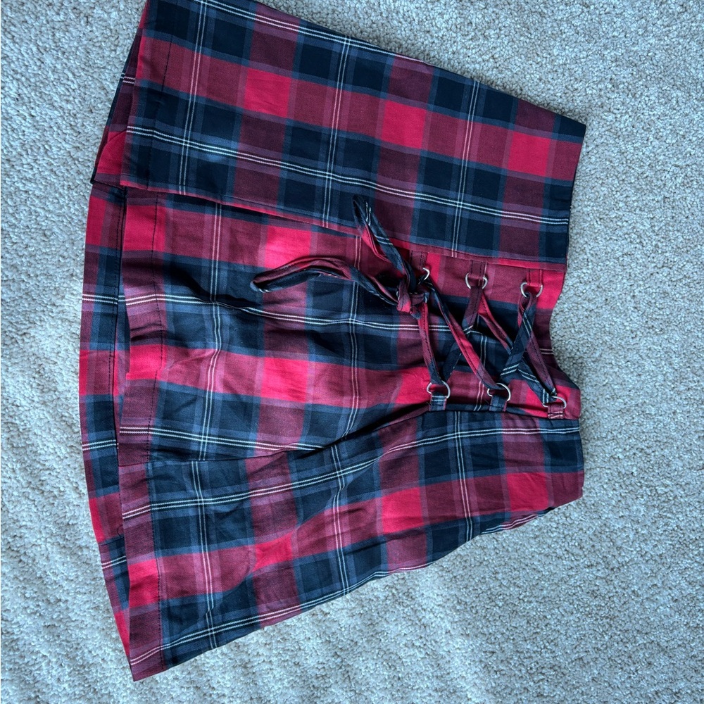 wild fable Red and Black Plaid Mini Skirt with Lace-Up Detail